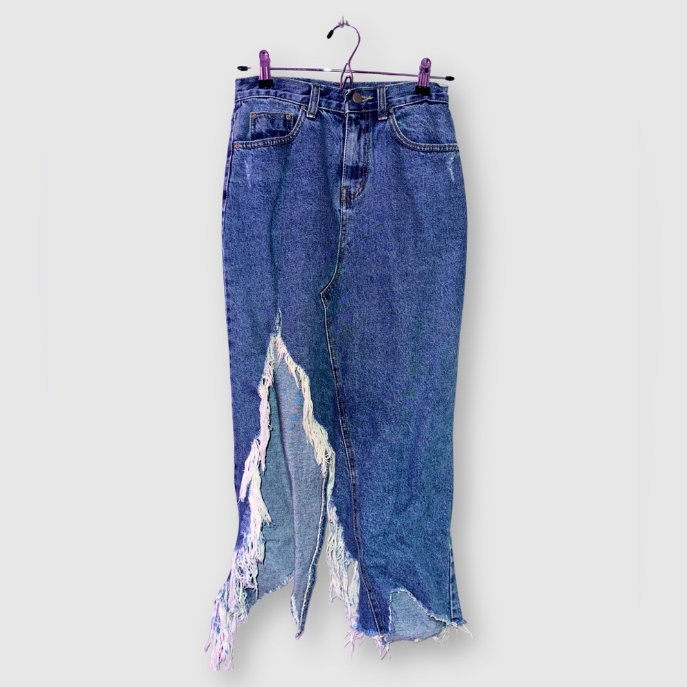 Distressed Blue Long Denim Blue Skirt Asymmetrical